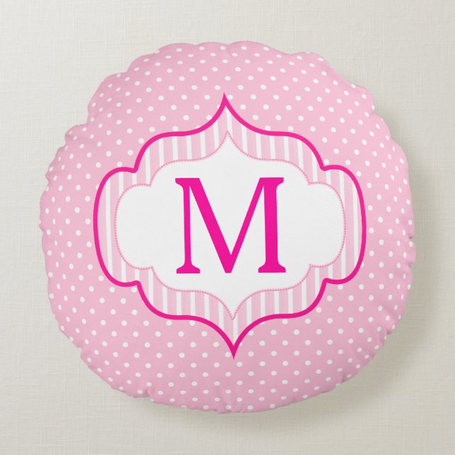 Den flickaktigt rosa beställnings- Monogrampolkaen Rund Kudde (Framsidan)