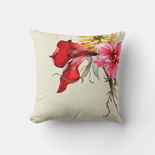 Den floraBotanica vattenfärgen blommar Burlap Kudde (Framsida)