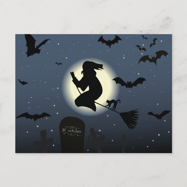 den flygande häxans halloween-scen vykort (Framsida)
