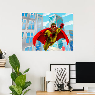 Den flygande superhjälten Tecknad Stil Red och Gul Poster