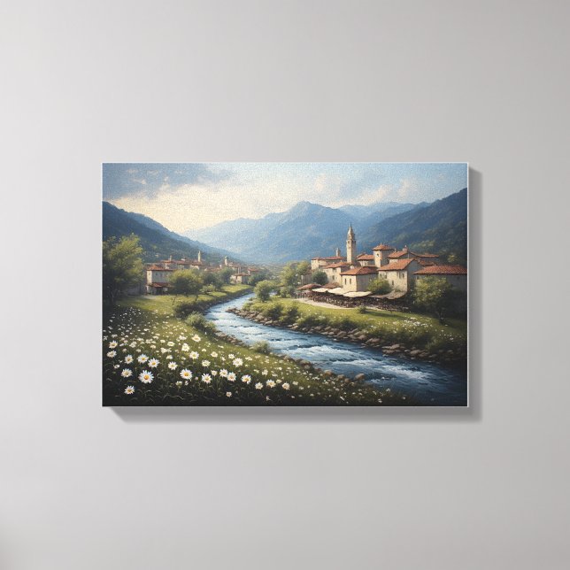 Den flytande strömmen i den alpina byn canvastryck (Framsida)