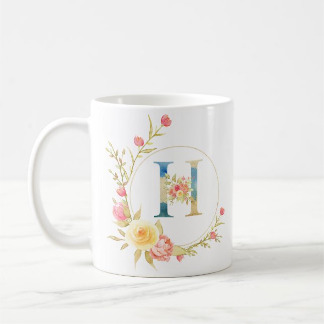 Den första blommigten brev H blommigt ram Kaffemugg (Vänster)