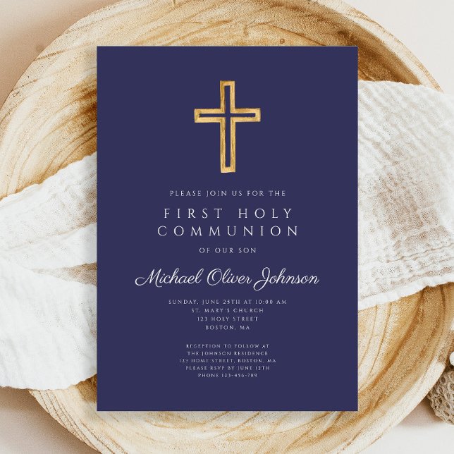 Den första föreningen för den marina blå Religiösa Inbjudningar (Navy Blue Religious Cross Boy First Communion Invitation)