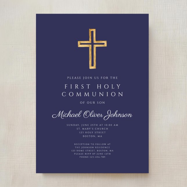 Den första föreningen för den marina blå Religiösa Inbjudningar (Navy Blue Religious Cross Boy First Communion Invitation)