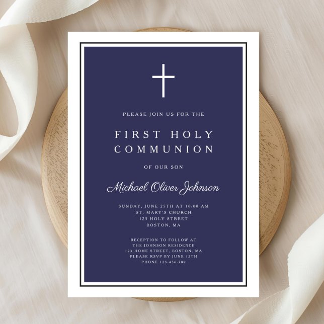Den första föreningen Modern Navy Blue Kor Boy Inbjudningar (Modern Navy Blue Cross Boy First Communion Invitation)