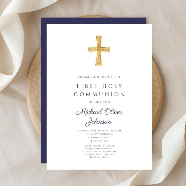 Den första föreningen Modern Navy Blue Kor Boy Inbjudningar (Modern Navy Blue Cross Boy First Communion Invitation)