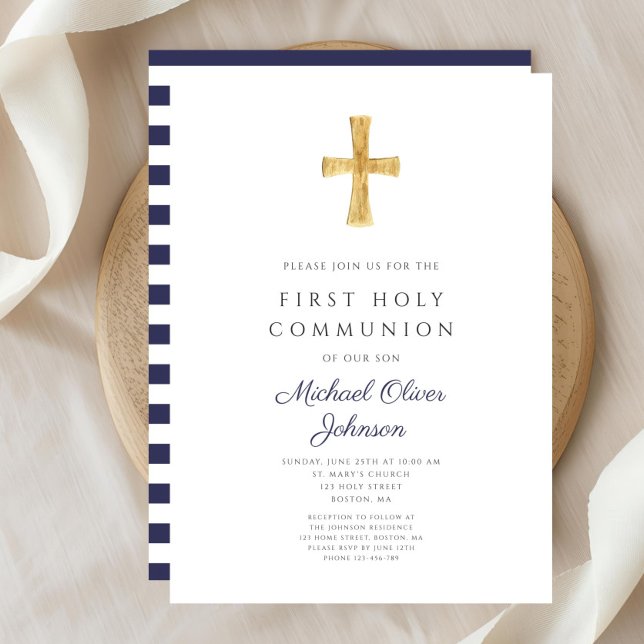 Den första föreningen Modern Navy Blue Rand Kor Inbjudningar (Modern Navy Blue Stripes Cross Boy First Communion Invitation)