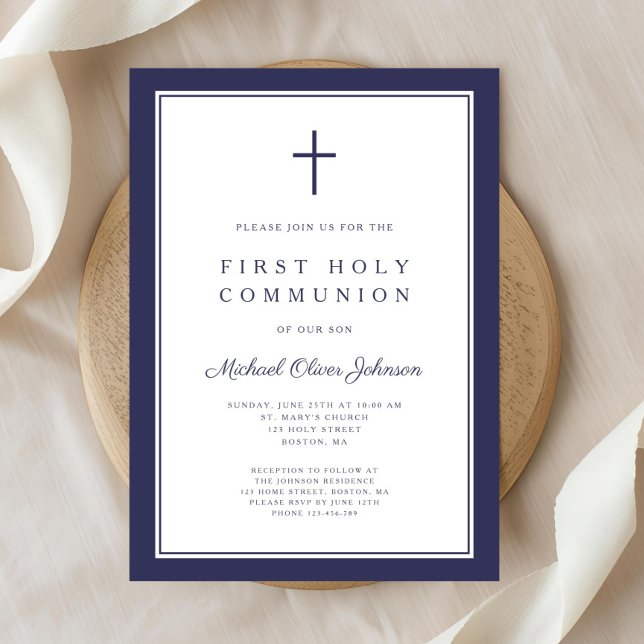 Den första föreningen Modern Navy Blue Religiösa B Inbjudningar (Modern Navy Blue Religious Boy First Communion Invitation)