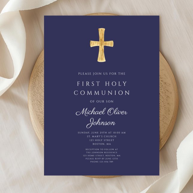 Den första föreningen Modern Navy Blue Religiösa B Inbjudningar (Modern Navy Blue Religious Boy First Communion Invitation)