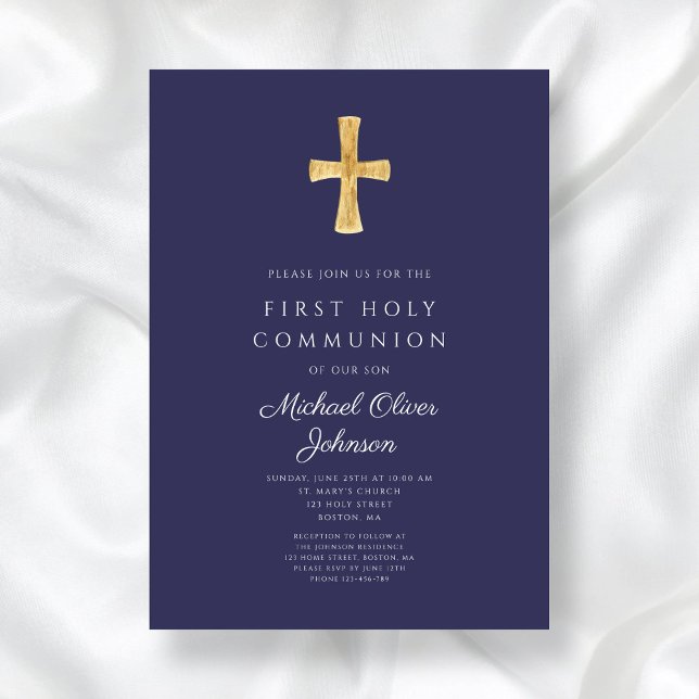 Den första föreningen Modern Navy Blue Religiösa B Inbjudningar (Modern Navy Blue Religious Boy First Communion Invitation)
