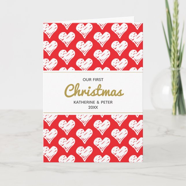 Den första julen är en spjutspetsad hjärtan. helgkort (Framsida)