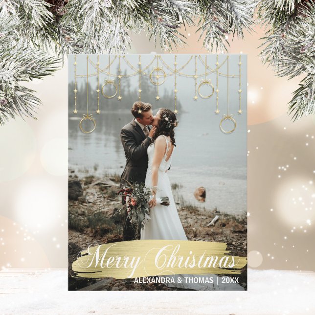 Den första jultomten i Guld | FOTO Helg Vykort (First Christmas Married Engaged White  PHOTO Holiday Postcard)