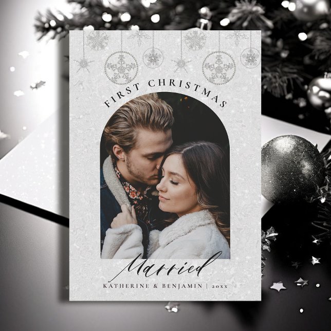 Den första jultomten i Sparkles Boho Ram Photo Julkort (christmas card first married couple black white glitter boho arch modern minimalist calligraphy)