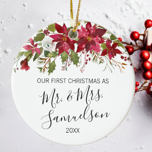 Den första jultomten Married Red Poinsettia Waterc Julgransprydnad Keramik