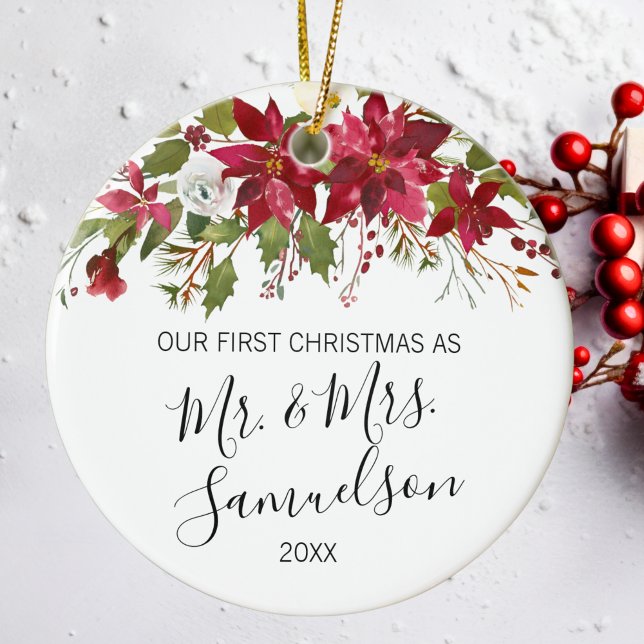 Den första jultomten Married Red Poinsettia Waterc Julgransprydnad Keramik (First Christmas Married Red Poinsettia Watercolor Ceramic Ornament)