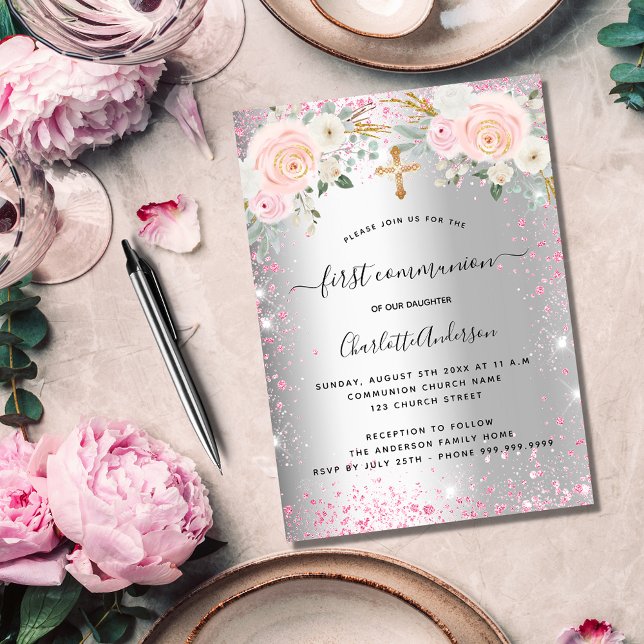 Den första kommunala silver rosa blommigt-miniatyr inbjudningar (Skapare uppladdad)