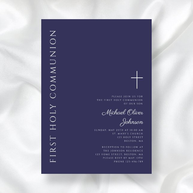 Den första samfälligheten i Modern Navy Blue Kor Inbjudningar (Modern Navy Blue Cross First Communion Invitation)