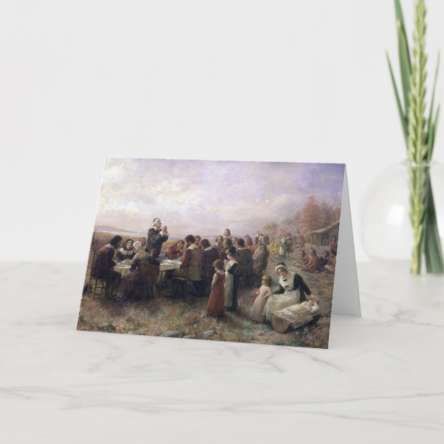 Den första thanksgivingen på Plymouth vid Helgkort (Framsida)