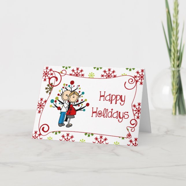 Den förväntansfulla stick figur kopplar ihop helgkort (Framsida)