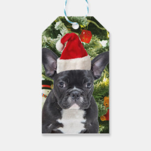 Den franska bulldoggjulgranen smyckar snögubben presentetikett