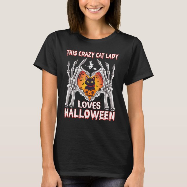 Den galna katten dam kärlek Halloween T Shirt (Framsida)
