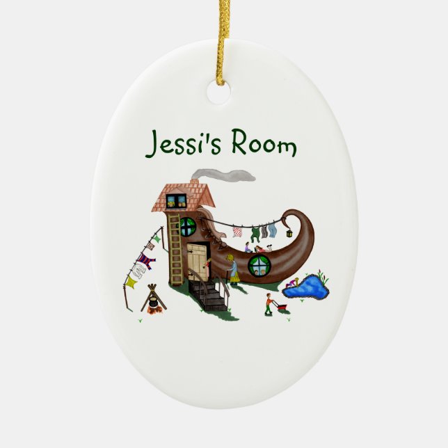 Den gamla kvinnan i skon (dörrvakt) julgransprydnad keramik (Framsidan)