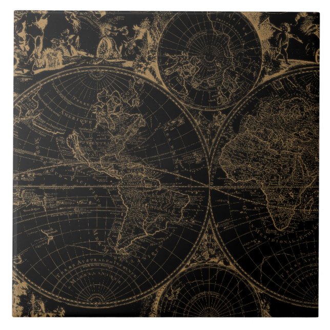 Den gamla världsresan Karta Nautical Black Kakelplatta (Framsidan)