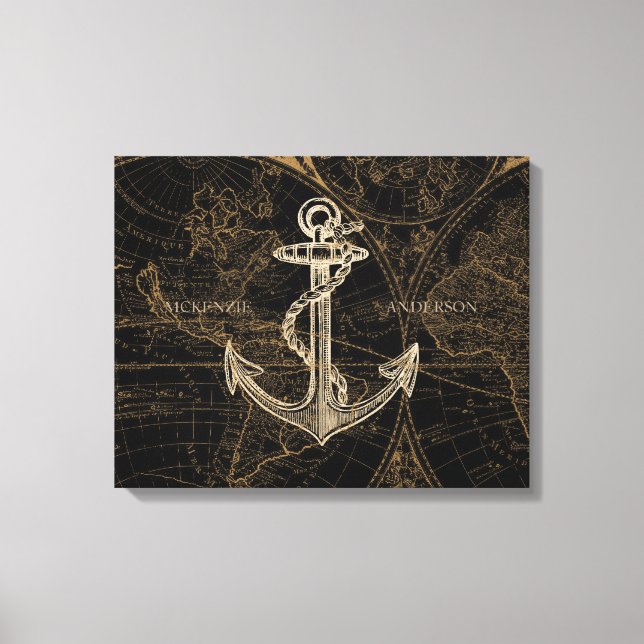 Den gamla World Nautical Anchor Add Namn Black Canvastryck (Framsida)