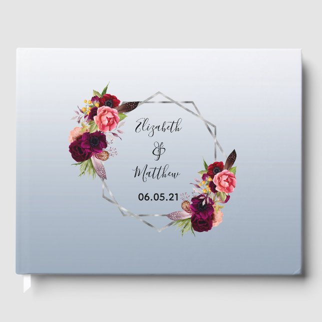 Den geometriska blommigten Bröllop dammiga blå sil Gästböcker (Framsida)