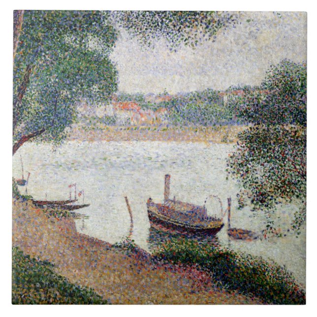 Den Georges Pierre Seurat | floden landskap med en Kakelplatta (Framsidan)