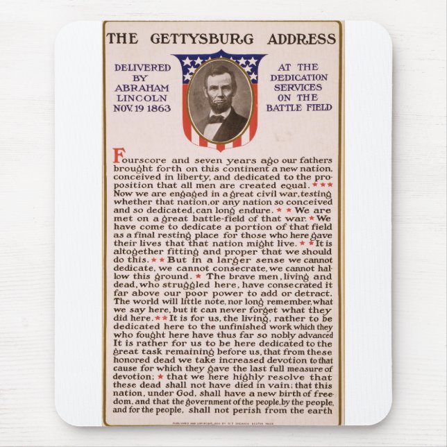 Den Gettysburg adressen vid Abraham Lincoln 1863 Musmatta (Framsidan)