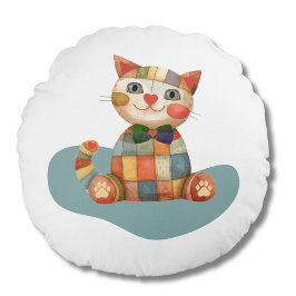 Den Glada Katten Färgrik Lappverk Unik Rund Kudde