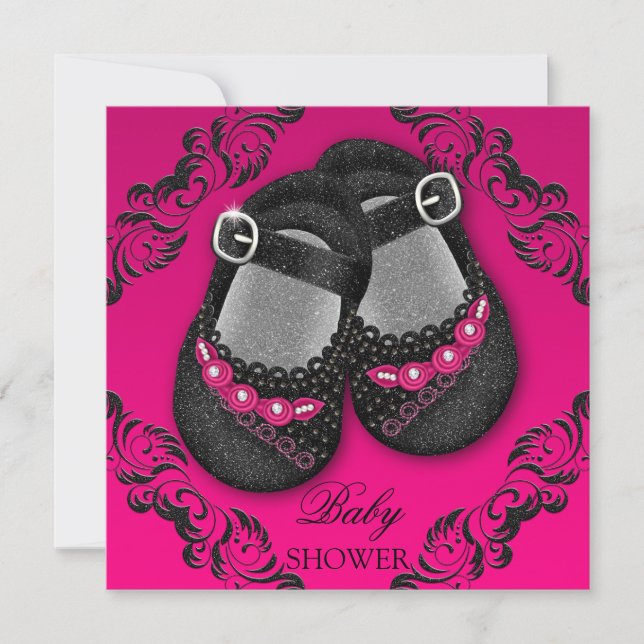 Den Glam glitterbabyen skor den svart baby shower Inbjudningar (Framsida)