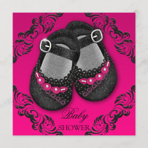 Den Glam glitterbabyen skor den svart baby shower Inbjudningar