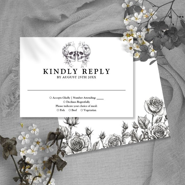 Den gotiska Blommigten Döskallar Bröllop OSA Kort (Gothic Floral Skulls Wedding RSVP Card)