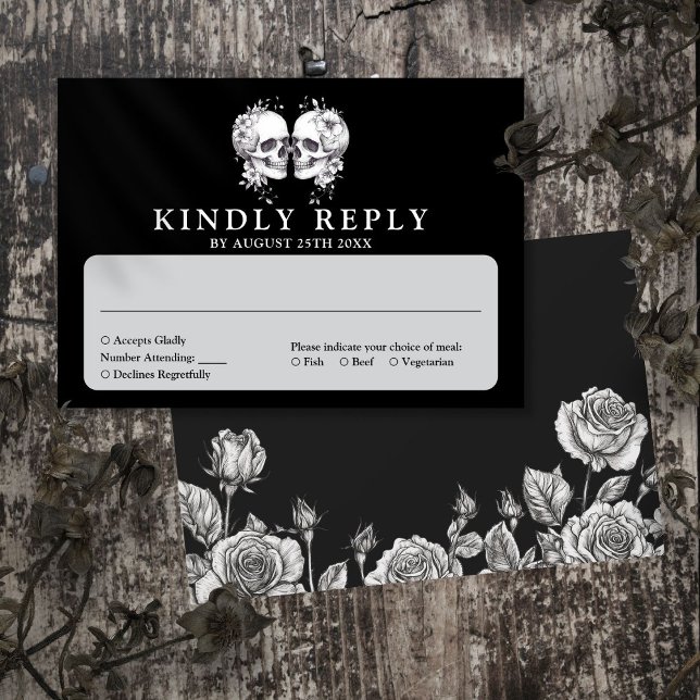 Den gotiska Blommigten Döskallar Bröllop OSA Kort (Gothic Floral Skulls Wedding RSVP Card)