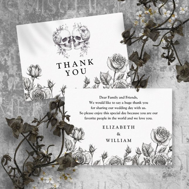 Den gotiska Blommigten Döskallarna Bröllop Tack Placeringskort (Gothic Floral Skulls Wedding Thank You Place Card)