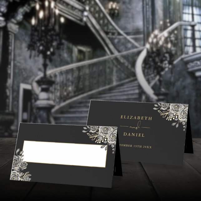 Den gotiska Blommigten Ro Black och Guld Bröllop ä Placeringskort (Gothic Floral Roses Black And Gold Wedding Folded Place Card)