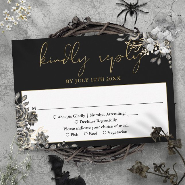 Den gotiska Blommigten Ro Black och Guld Bröllop OSA Kort (Gothic Floral Roses Black And Gold Wedding RSVP Card)