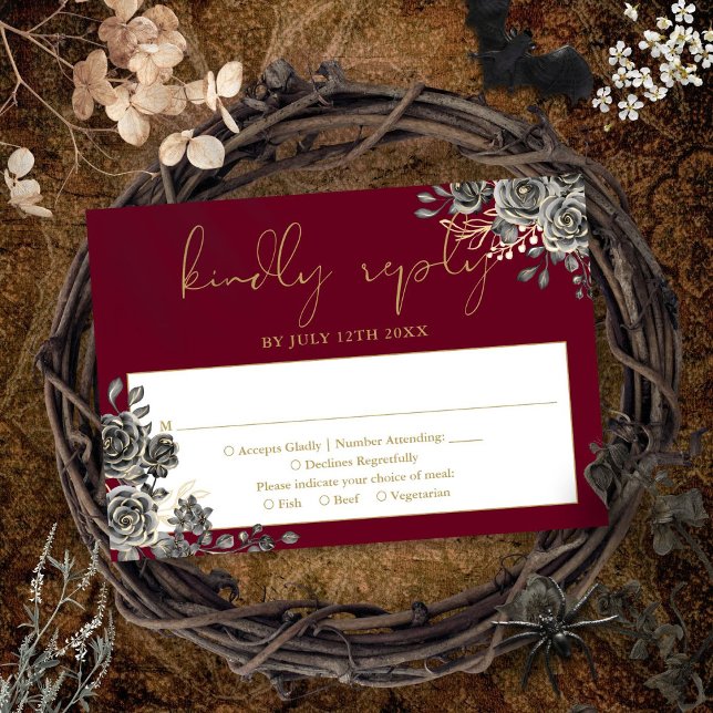 Den gotiska Blommigten Ro Burgundy och Guld Bröllo OSA Kort (Gothic Floral Roses Burgundy And Gold Wedding RSVP Card)