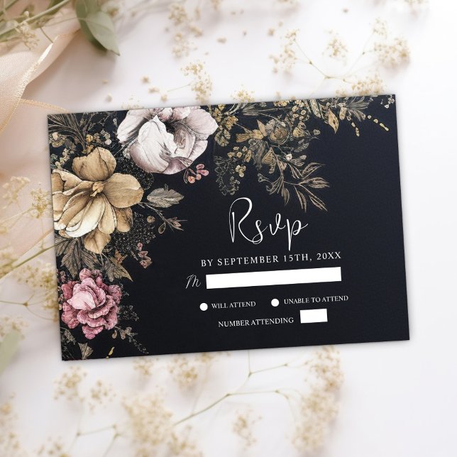 Den gotiska Blommigtens Mörk Unik svart Bröllop OSA Kort (Gothic Floral Dark Unique Black Wedding RSVP Card)