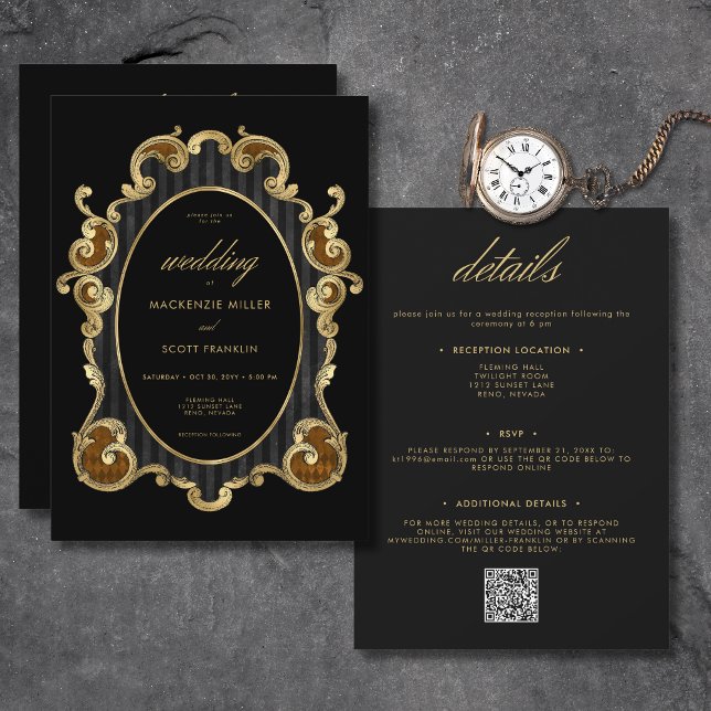 Den gotiska, rand Damask Black Guld Ram 2 sida vid Inbjudningar (Gothic Striped Damask Black & Gold Frame Wedding Invitation)
