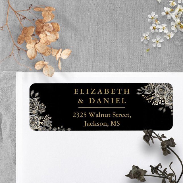 Den gotiska Returadressen Ro i Svarta och Guld Blo Returadress Etikett (Black And Gold Floral Roses Gothic Return Address Label)