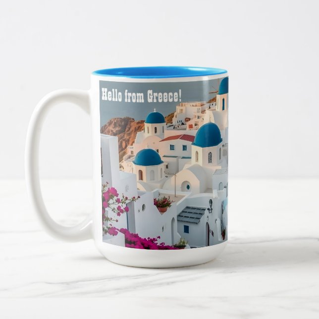 Den grekiska ön Santorini, blådomad Två-Tonad Mugg (Vänster)
