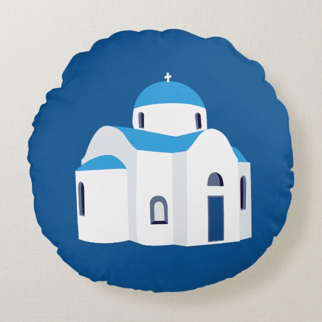 Den grekiska ön Santorini Blue Dome Church Rund Kudde (Framsidan)