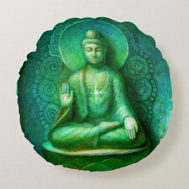 Den gröna rundan för den Buddha Zenmeditationen Rund Kudde (Framsidan)