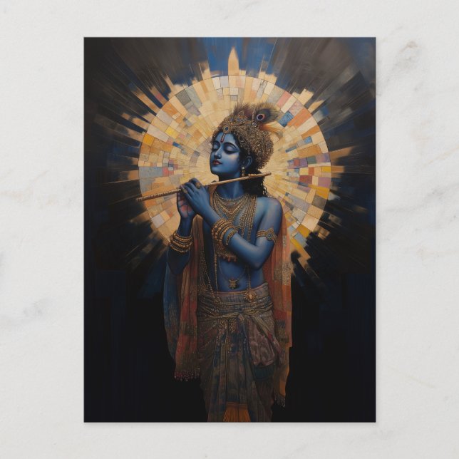 Den gudomlige Herren Krishna spelar flöjt i jugend Vykort (Framsida)