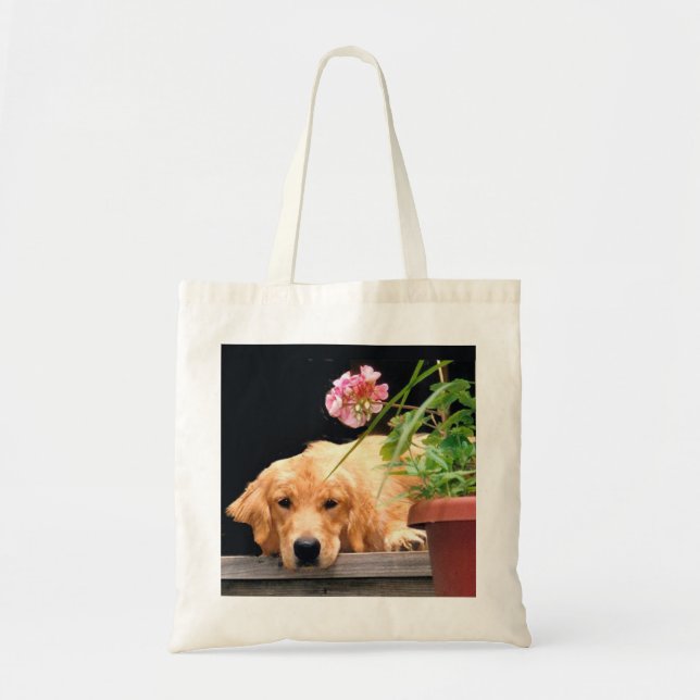 Den guld- retrieveren med blommatoto hänger lös tygkasse (Framsidan)