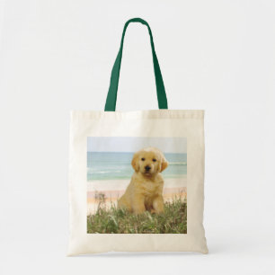 Den guld- retrieveren på strandtoto hänger lös tygkasse