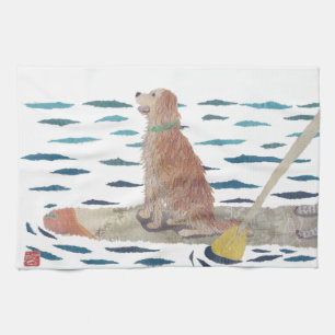 Den guld- retrieveren, strandhund, paddlar stiger kökshandduk